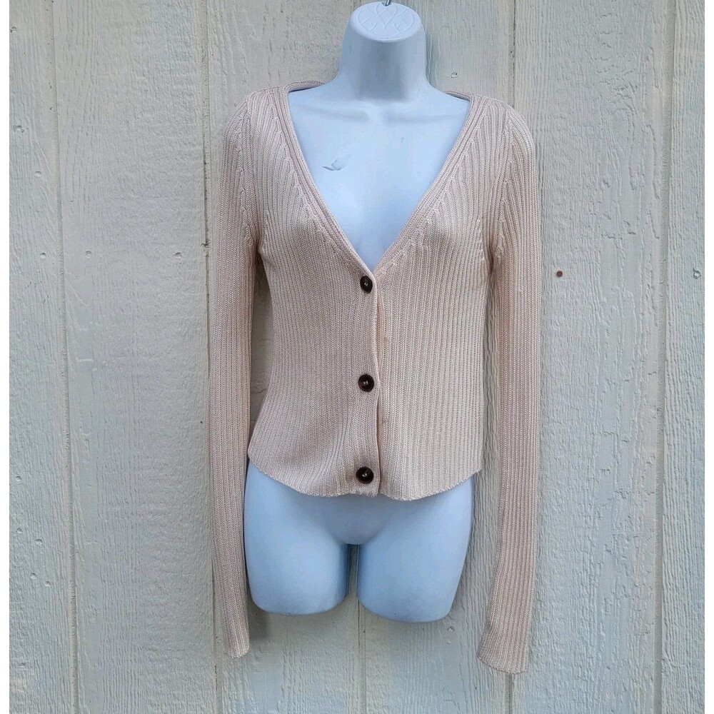 Free People rib knit button front longsleeve cardigan beige wms sz small Cozy